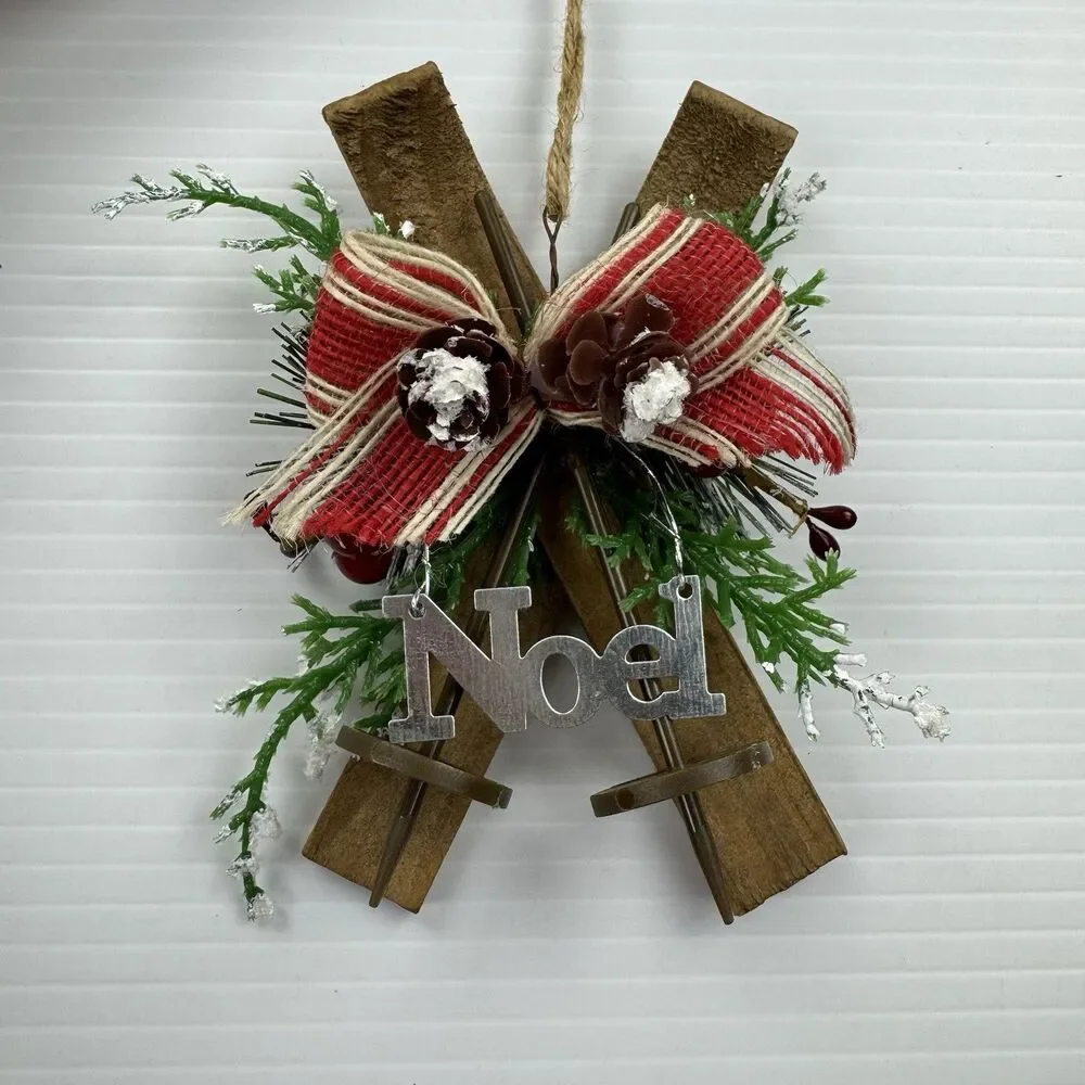 Rustic Noel Christmas Ornament Skis Pinecones Burlap Bow Farmhouse Lodge Cabin